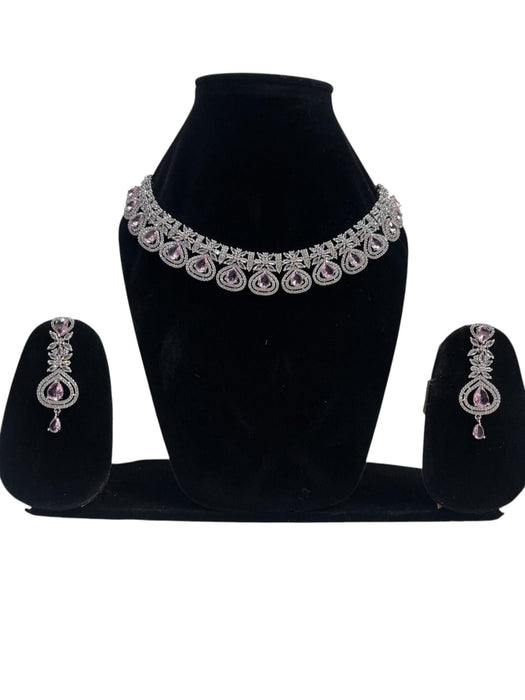 Elegant Pink & White Artificial Diamond Necklace Set with Earrings