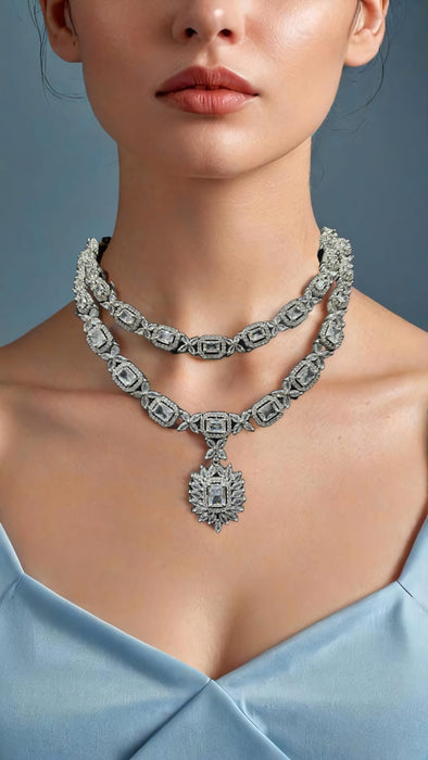 ✨ Double-Layered Artificial Diamond Necklace Set with Statement Pendant & Earrings