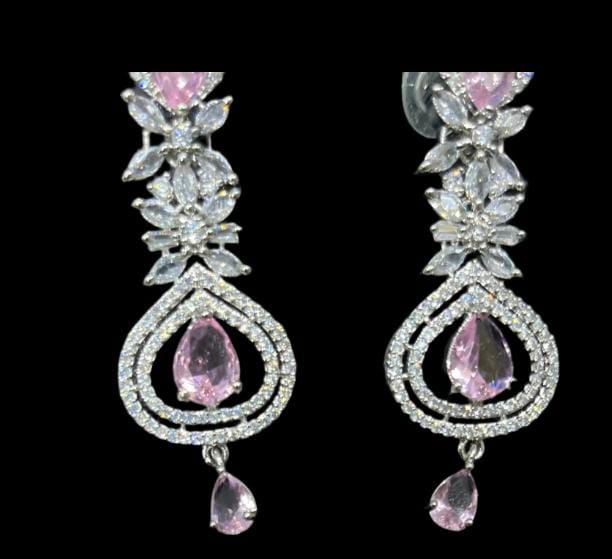 Elegant Pink & White Artificial Diamond Necklace Set with Earrings