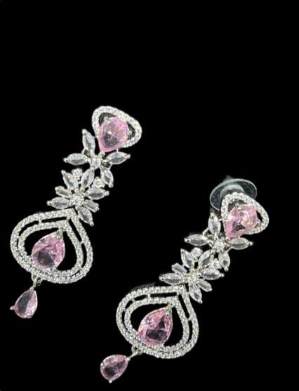 Elegant Pink & White Artificial Diamond Necklace Set with Earrings