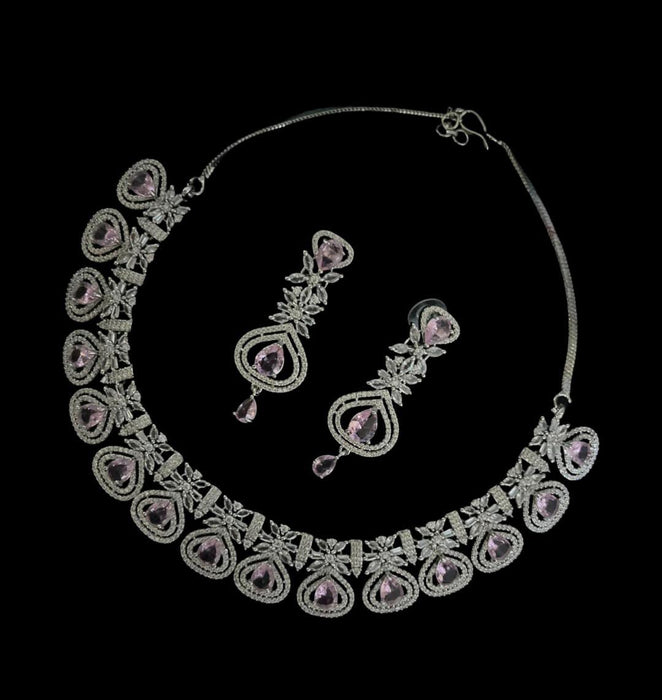 Elegant Pink & White Artificial Diamond Necklace Set with Earrings