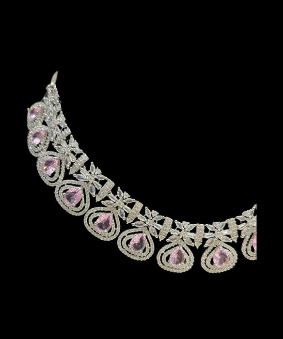 Elegant Pink & White Artificial Diamond Necklace Set with Earrings