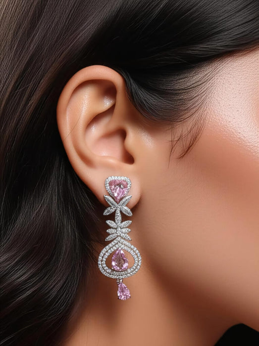 Elegant Pink & White Artificial Diamond Necklace Set with Earrings