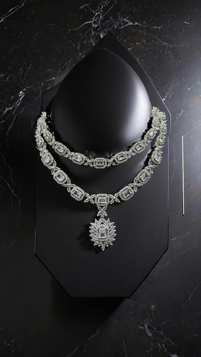 ✨ Double-Layered Artificial Diamond Necklace Set with Statement Pendant & Earrings