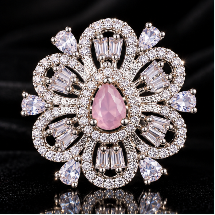 AD Adjustable Ring for Women | Pink Crystal Floral Statement Ring | Elegant Party & Wedding Jewelry