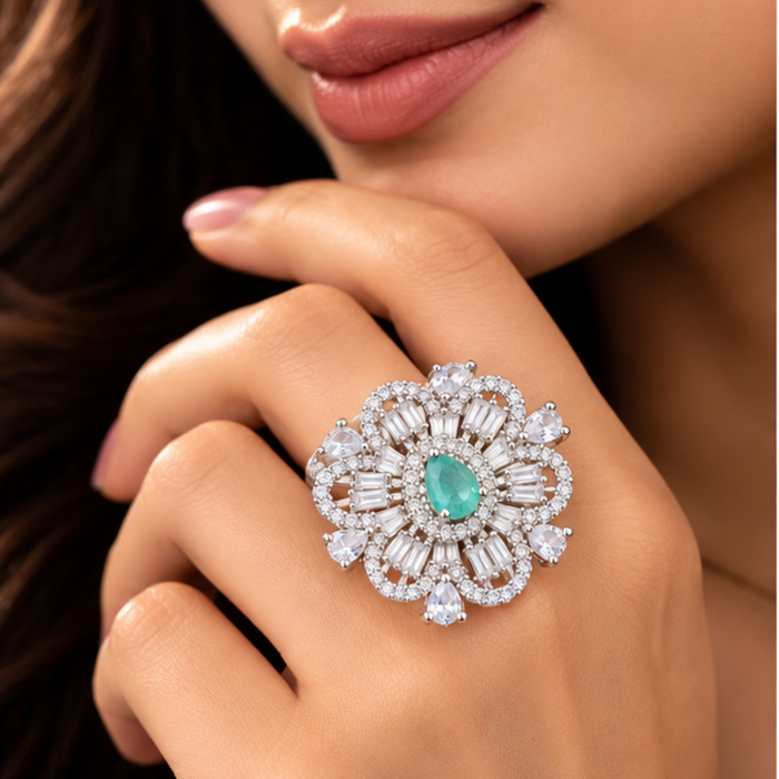 AD Adjustable Ring for Women | Emerald Green Stone Floral Statement Ring | Elegant Party & Occasion Jewelry