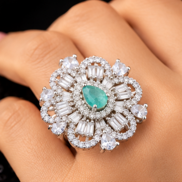 AD Adjustable Ring for Women | Emerald Green Stone Floral Statement Ring | Elegant Party & Occasion Jewelry