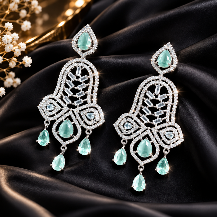 Aqua Green AD Stone Earrings for Women | Elegant Chandelier Drop Earrings | Crystal Studded Statement Earrings
