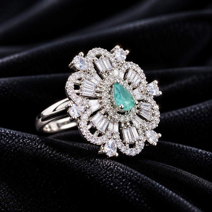 AD Adjustable Ring for Women | Emerald Green Stone Floral Statement Ring | Elegant Party & Occasion Jewelry