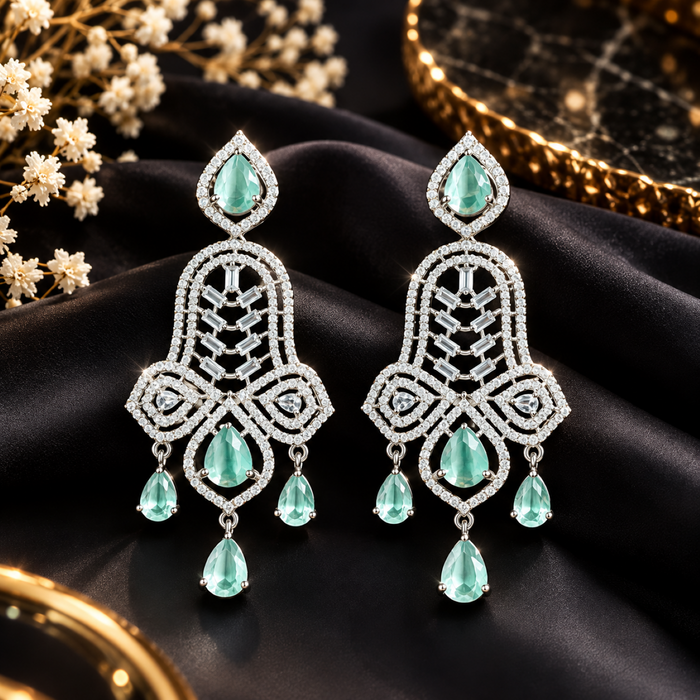 Aqua Green AD Stone Earrings for Women | Elegant Chandelier Drop Earrings | Crystal Studded Statement Earrings