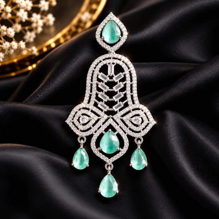 Aqua Green AD Stone Earrings for Women | Elegant Chandelier Drop Earrings | Crystal Studded Statement Earrings