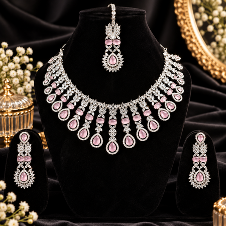 Elegant Pink Stone Necklace Set with Matching Earrings & Maang Tikka | Party & Bridal Jewelry