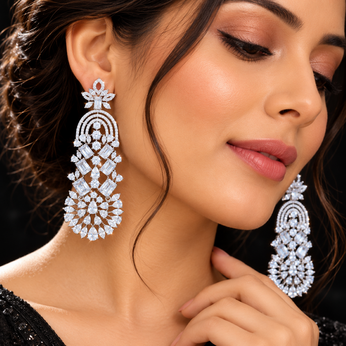 AD Crystal Chandelier Earrings for Women | Elegant Floral Drop Earrings | Statement Party & Wedding Jewelry