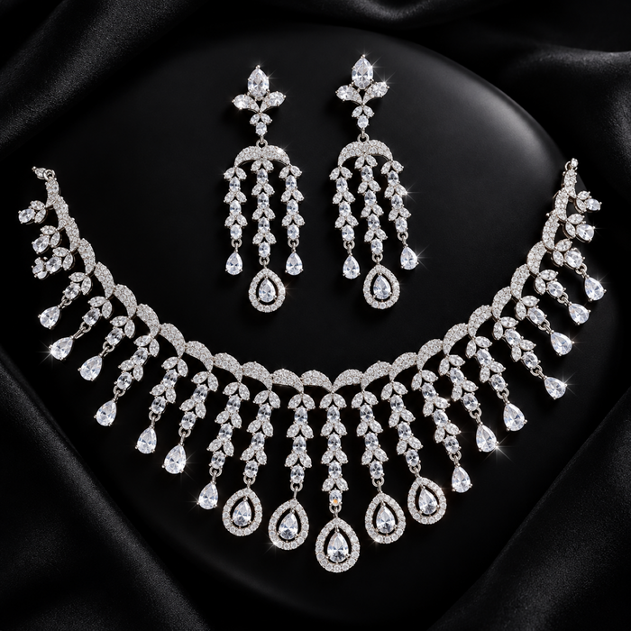 Elegant American Diamond Necklace & Earrings Set | Premium CZ Crystal Bridal Jewelry Set for Women