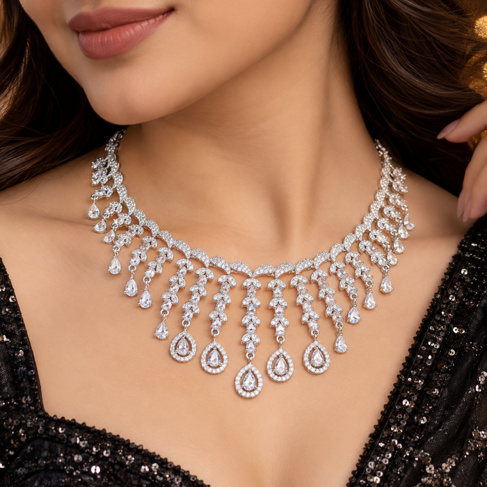 Elegant American Diamond Necklace & Earrings Set | Premium CZ Crystal Bridal Jewelry Set for Women