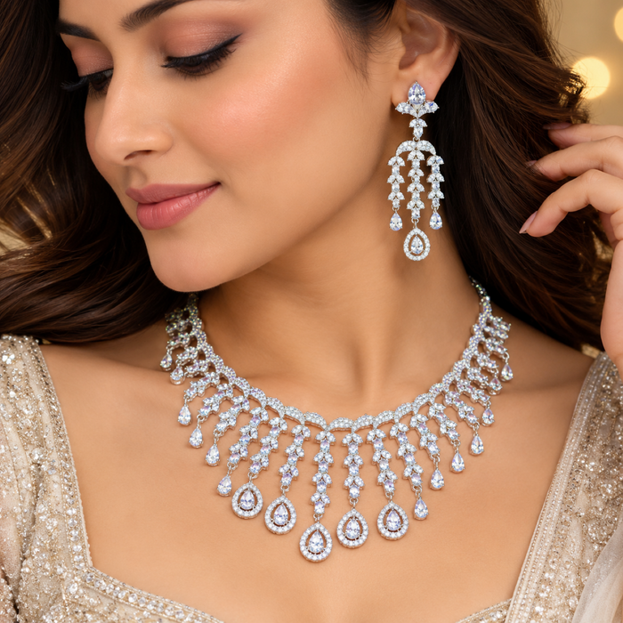 Elegant American Diamond Necklace & Earrings Set | Premium CZ Crystal Bridal Jewelry Set for Women