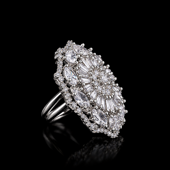 Elegant AD Statement Ring for Women – Floral Sunburst Design with Sparkling Stones