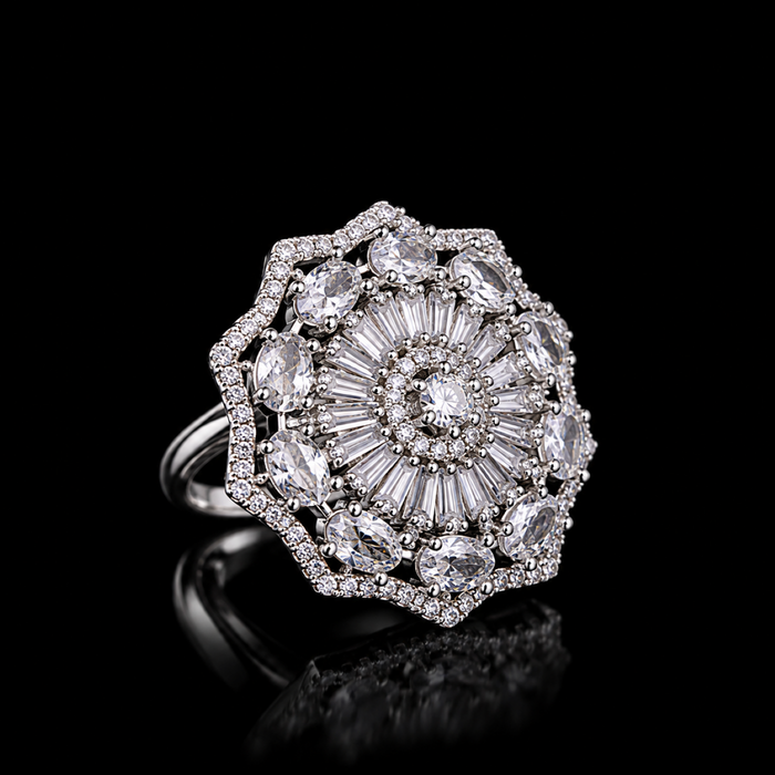 Elegant AD Statement Ring for Women – Floral Sunburst Design with Sparkling Stones