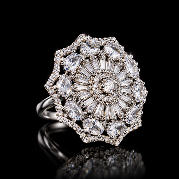 Elegant AD Statement Ring for Women – Floral Sunburst Design with Sparkling Stones