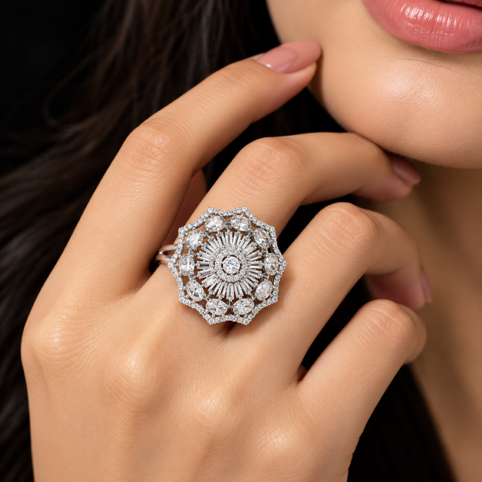 Elegant AD Statement Ring for Women – Floral Sunburst Design with Sparkling Stones