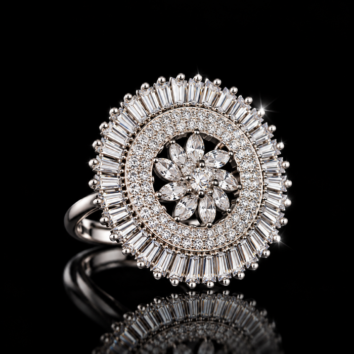 Elegant Adjustable AD Ring for Women – Floral Flower Design American Diamond Statement Ring