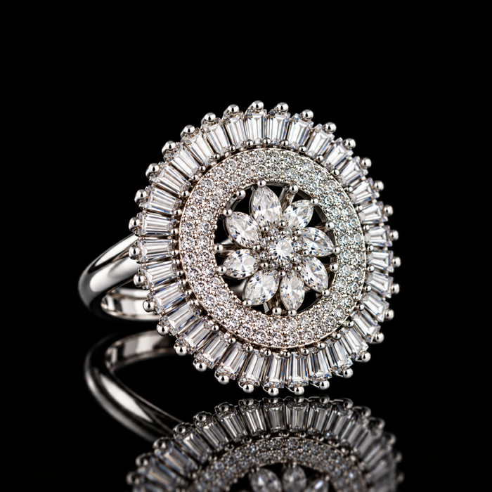 Elegant Adjustable AD Ring for Women – Floral Flower Design American Diamond Statement Ring