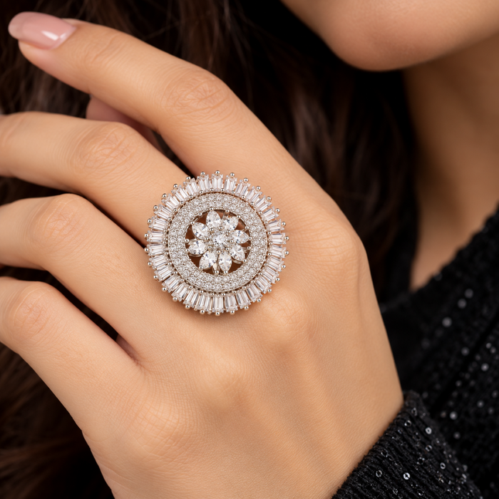 Elegant Adjustable AD Ring for Women – Floral Flower Design American Diamond Statement Ring