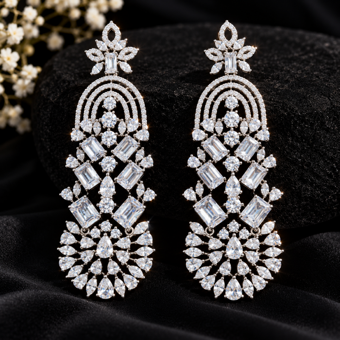 AD Crystal Chandelier Earrings for Women | Elegant Floral Drop Earrings | Statement Party & Wedding Jewelry