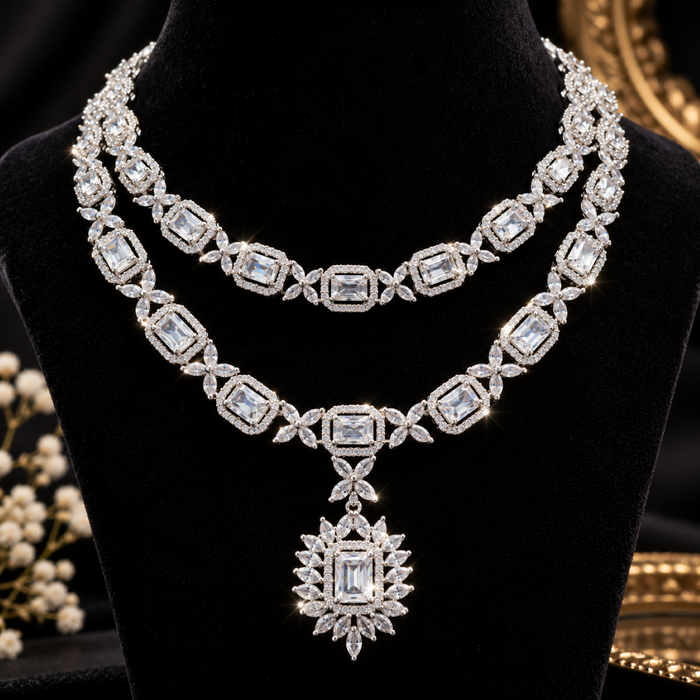 ✨ Double-Layered Artificial Diamond Necklace Set with Statement Pendant & Earrings