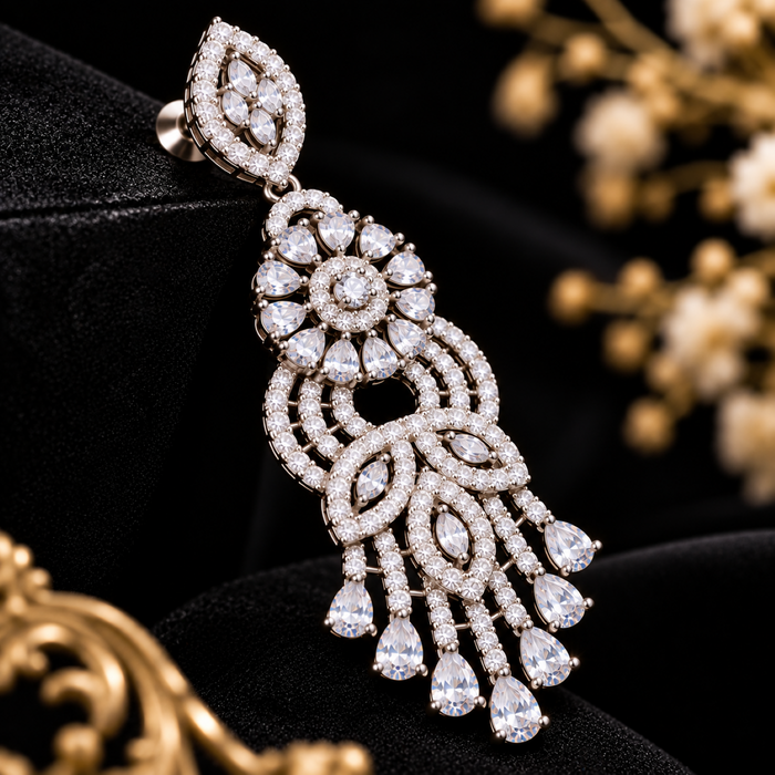 AD Crystal Chandelier Earrings for Women | Floral Statement Drop Earrings | Elegant Party & Wedding Jewelry
