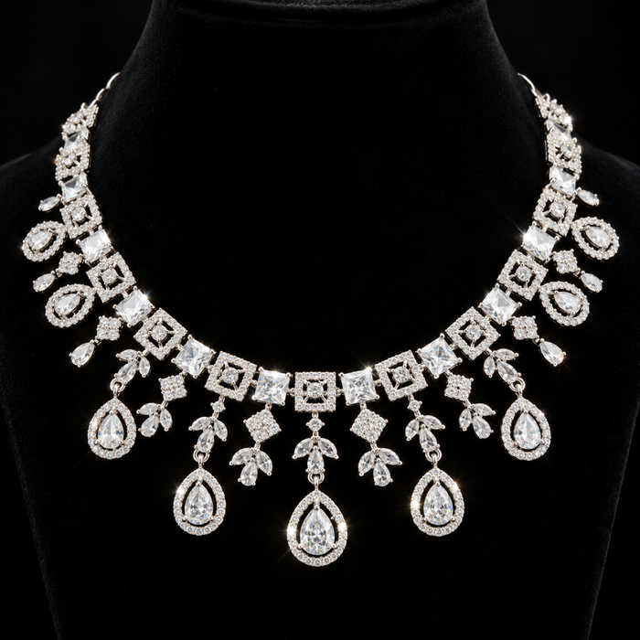 Silver Plated American Diamond Necklace Set