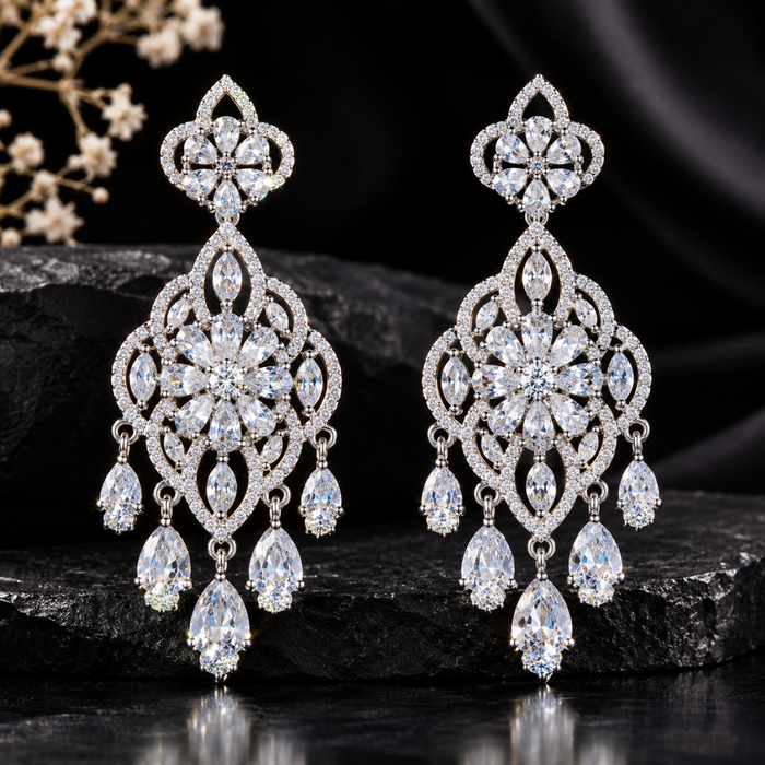 AD Crystal Chandelier Earrings for Women | Elegant Floral Drop Earrings | Statement Party & Wedding Jewelry