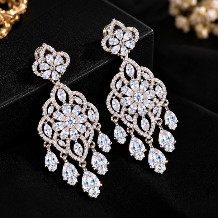 AD Crystal Chandelier Earrings for Women | Elegant Floral Drop Earrings | Statement Party & Wedding Jewelry