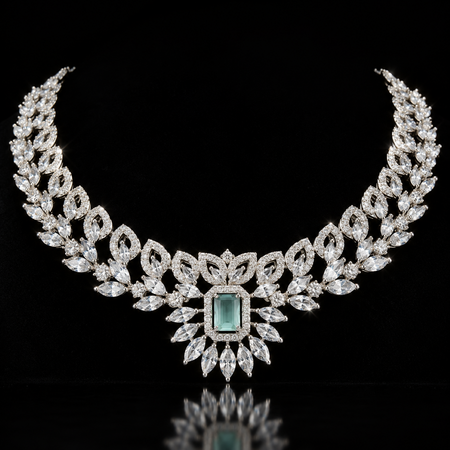 Silver Plated American Diamond Party Wear Necklace Set with Green & Pink Stone