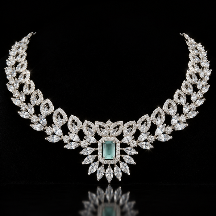 Silver Plated American Diamond Party Wear Necklace Set with Green & Pink Stone