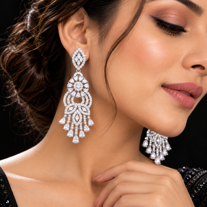 AD Crystal Chandelier Earrings for Women | Floral Statement Drop Earrings | Elegant Party & Wedding Jewelry