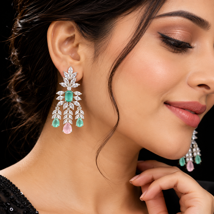 Silver Plated American Diamond Party Wear Necklace Set with Green & Pink Stone