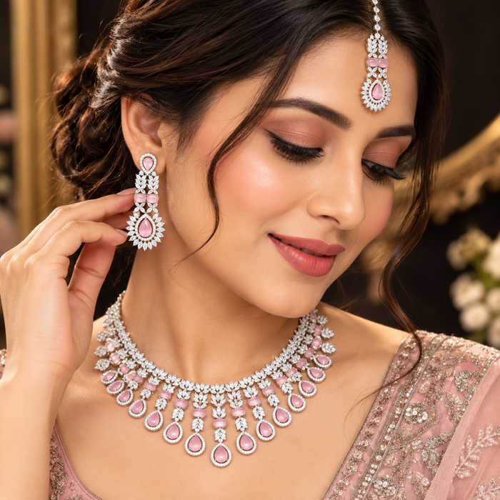 Elegant Pink Stone Necklace Set with Matching Earrings & Maang Tikka | Party & Bridal Jewellery