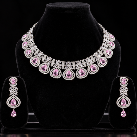 Elegant Pink & White Artificial Diamond Necklace Set with Earrings