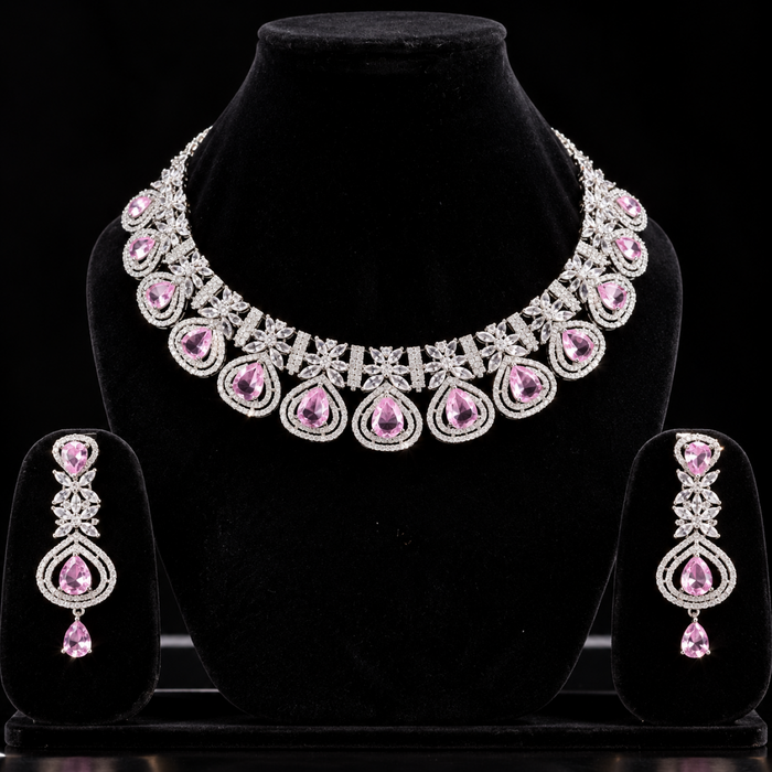 Elegant Pink & White Artificial Diamond Necklace Set with Earrings