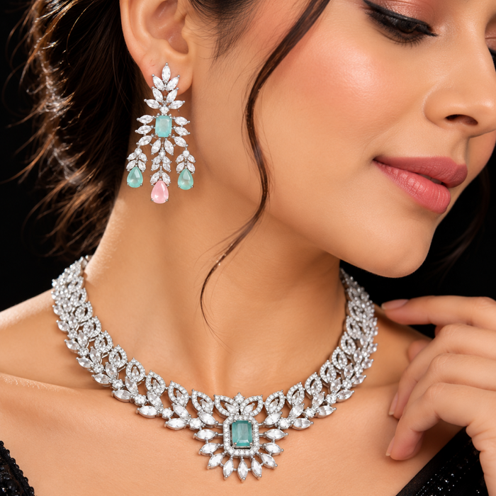 Silver Plated American Diamond Party Wear Necklace Set with Green & Pink Stone