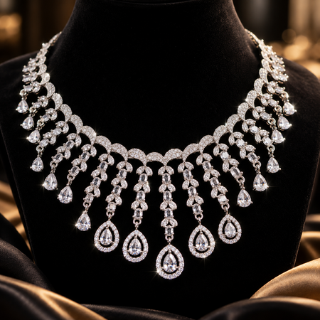 Elegant American Diamond Necklace & Earrings Set | Premium CZ Crystal Bridal Jewelry Set for Women