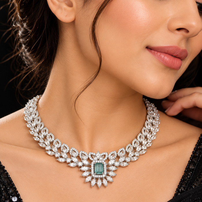 Silver Plated American Diamond Party Wear Necklace Set with Green & Pink Stone