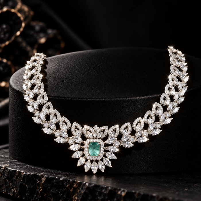 Silver Plated American Diamond Party Wear Necklace Set with Green & Pink Stone
