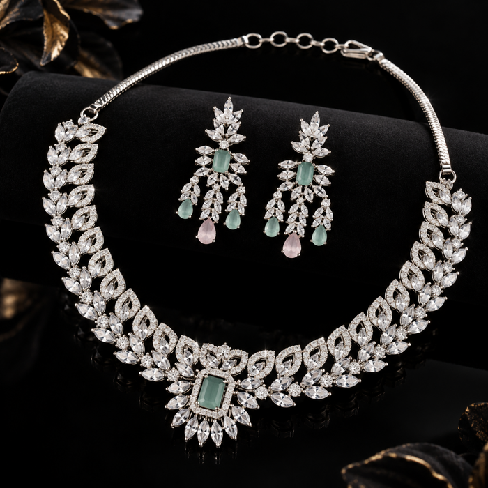 Silver Plated American Diamond Party Wear Necklace Set with Green & Pink Stone