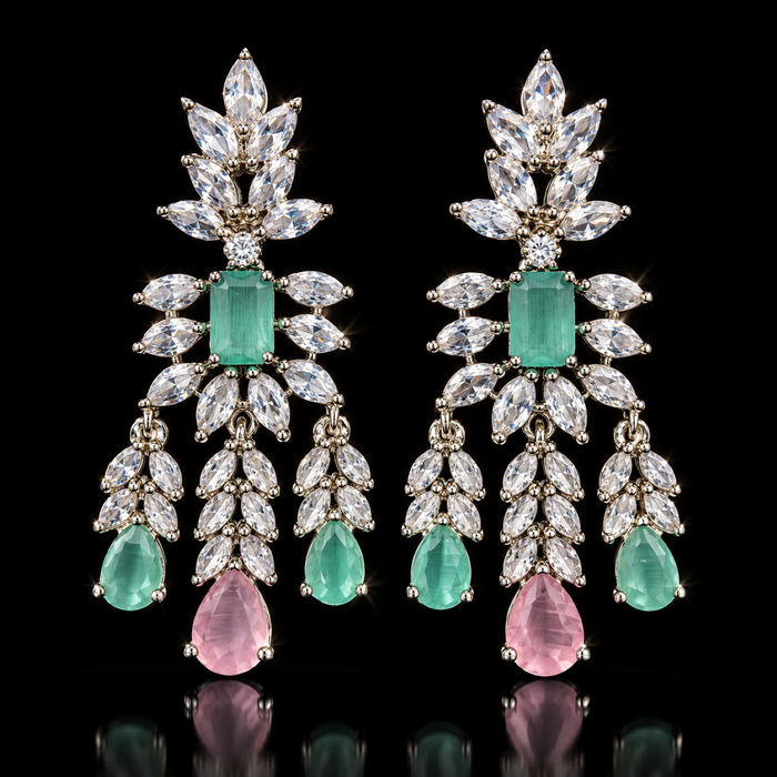 Silver Plated American Diamond Party Wear Necklace Set with Green & Pink Stone