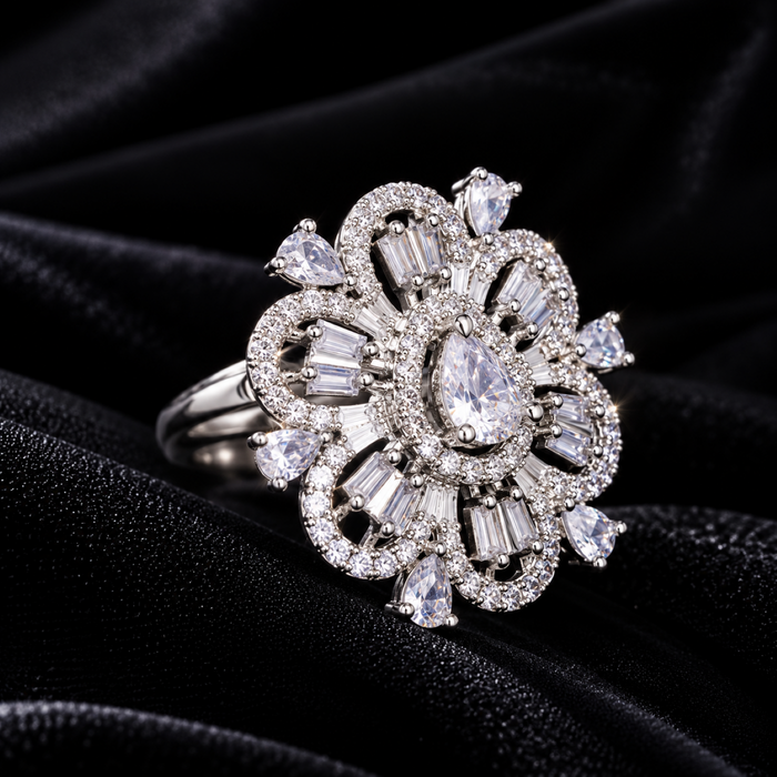 AD Adjustable Ring for Women | Elegant Floral Statement Ring with Teardrop Crystal | Luxury Party & Wedding Jewelry