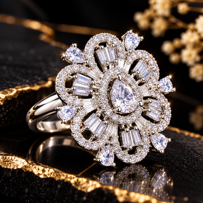 AD Adjustable Ring for Women | Elegant Floral Statement Ring with Teardrop Crystal | Luxury Party & Wedding Jewelry