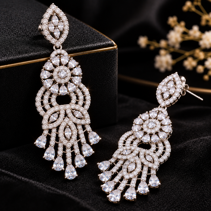 AD Crystal Chandelier Earrings for Women | Floral Statement Drop Earrings | Elegant Party & Wedding Jewelry