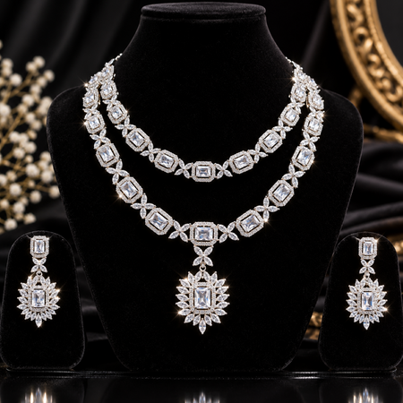 ✨ Double-Layered Artificial Diamond Necklace Set with Statement Pendant & Earrings